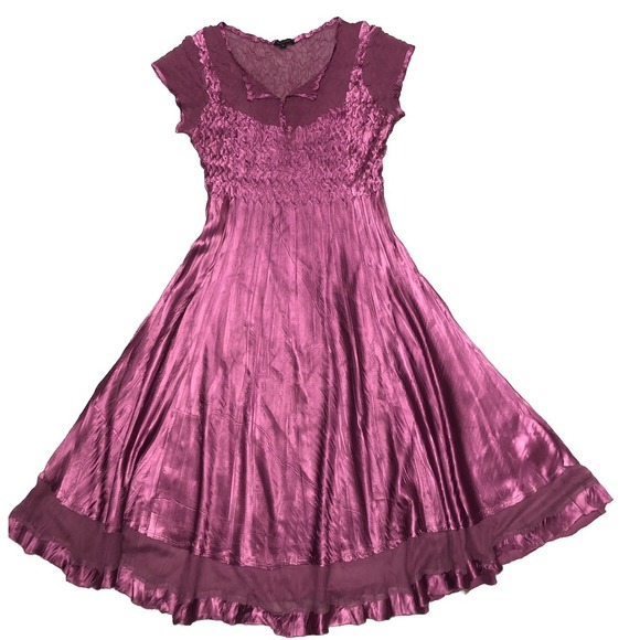 Komarov Dress L Pink Whimsigoth Crinkle Plisse Sheer Trim Cap Sleeve Vintage Y2K - Picture 1 of 10